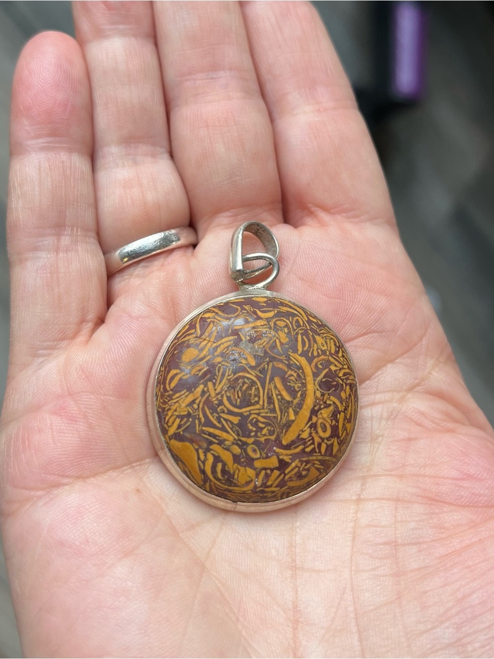 Round Brown and Mustard Spaghetti Jasper Pendant